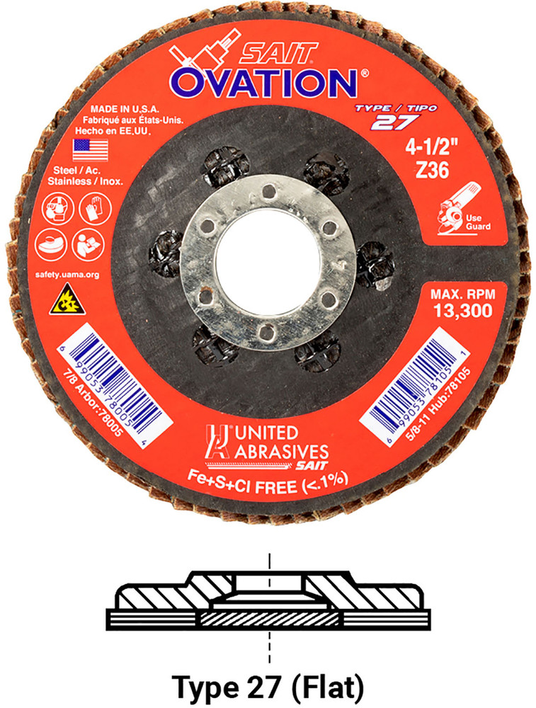 High Density Discs - Fiberglass Backing,Ovation? High Density Flap Disc - Type 27,  7/8 Arbor - No Hub 78009