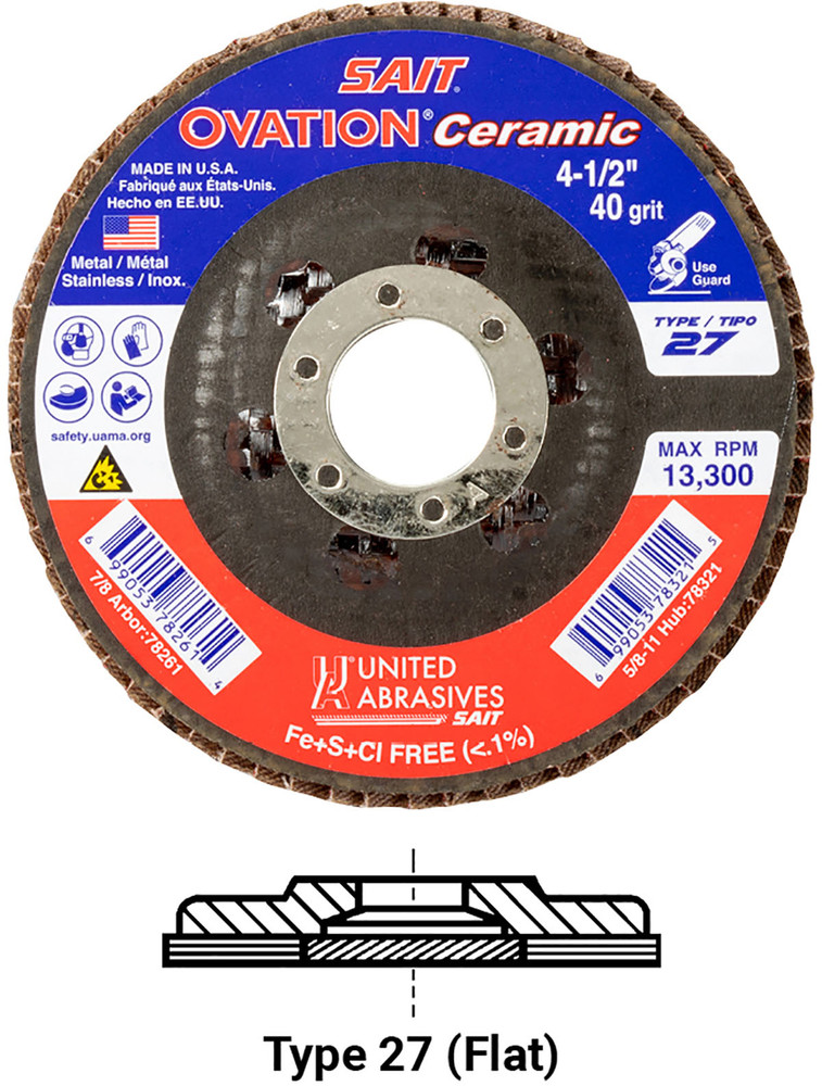 High Density Discs - Fiberglass Backing,Ovation? Ceramic High Density Flap Disc - Type 27,  5/8-11 Hub 78328