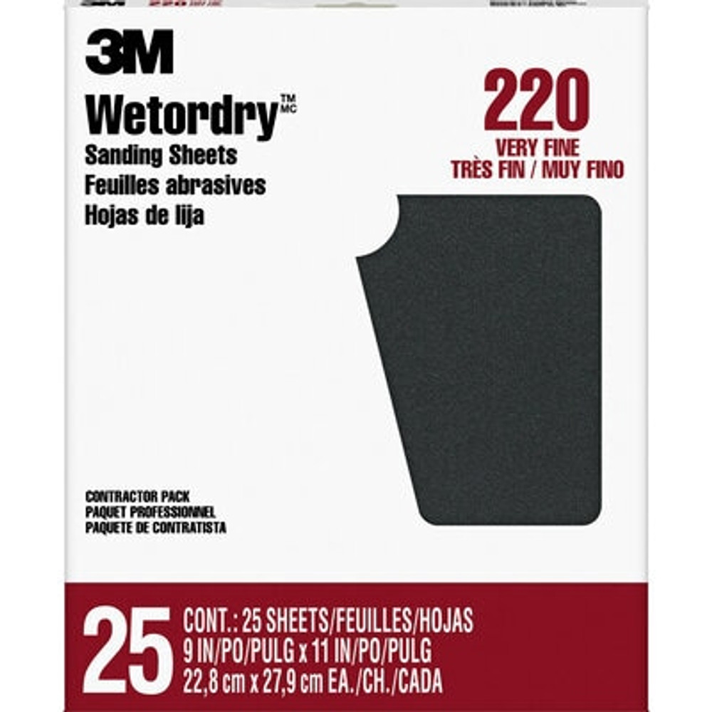 3M Wetordry Sanding Sheets 99422NA, 9 in x 11 in, 220 grit, 25 sheets/pk, 10 pks/cs
