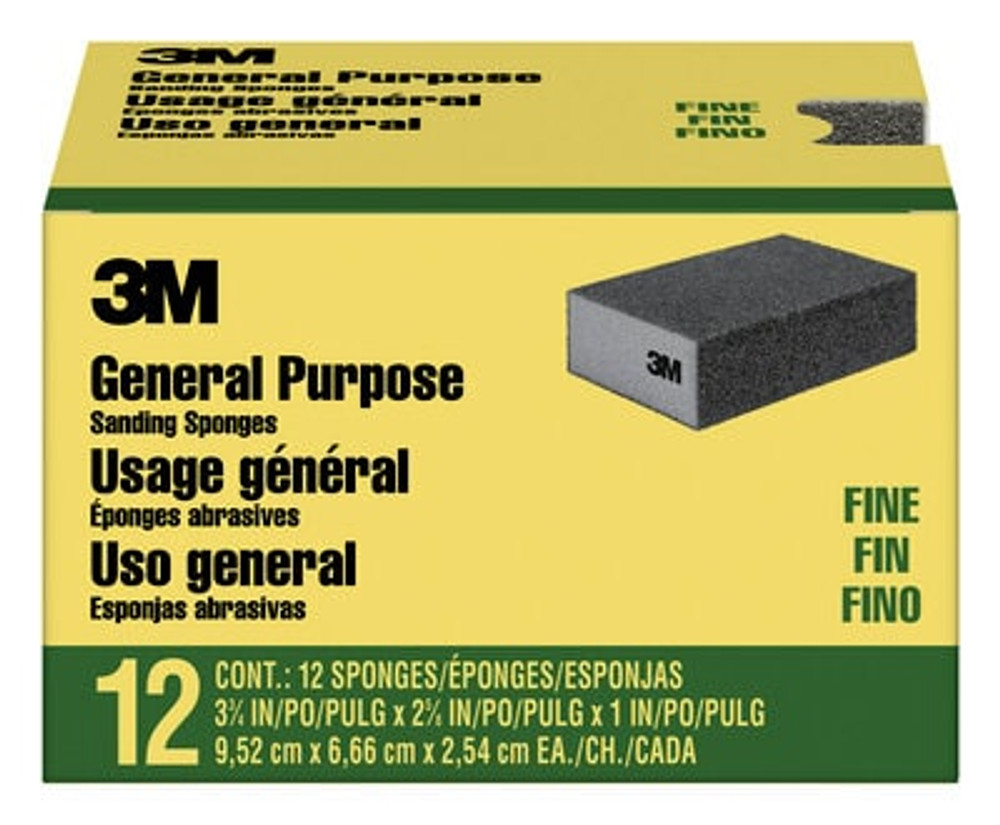 3M General Purpose Sanding Sponge CP001-12P, Block, 3 3/4 in x 2 5/8 in x 1 in, Fine, 12/pk, 4 pks/cs
