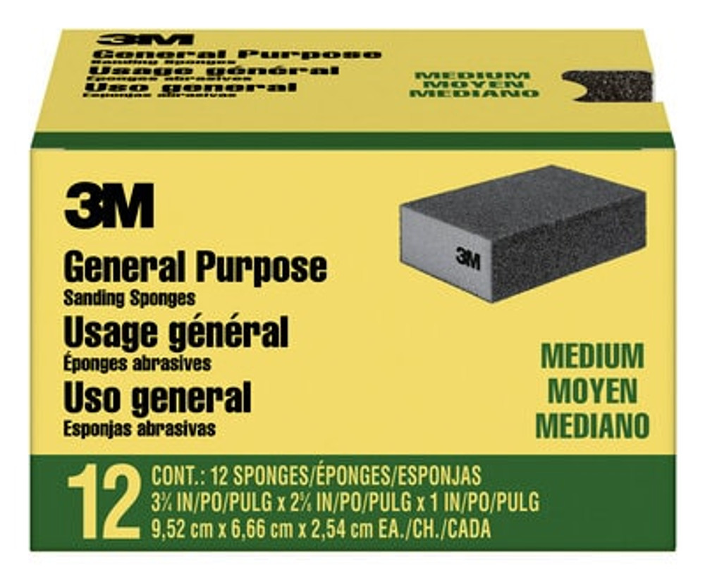 3M General Purpose Sanding Sponge CP002-12P, Block, 3 3/4 in x 2 5/8 in x 1 in, Medium, 12/pk, 4 pks/cs