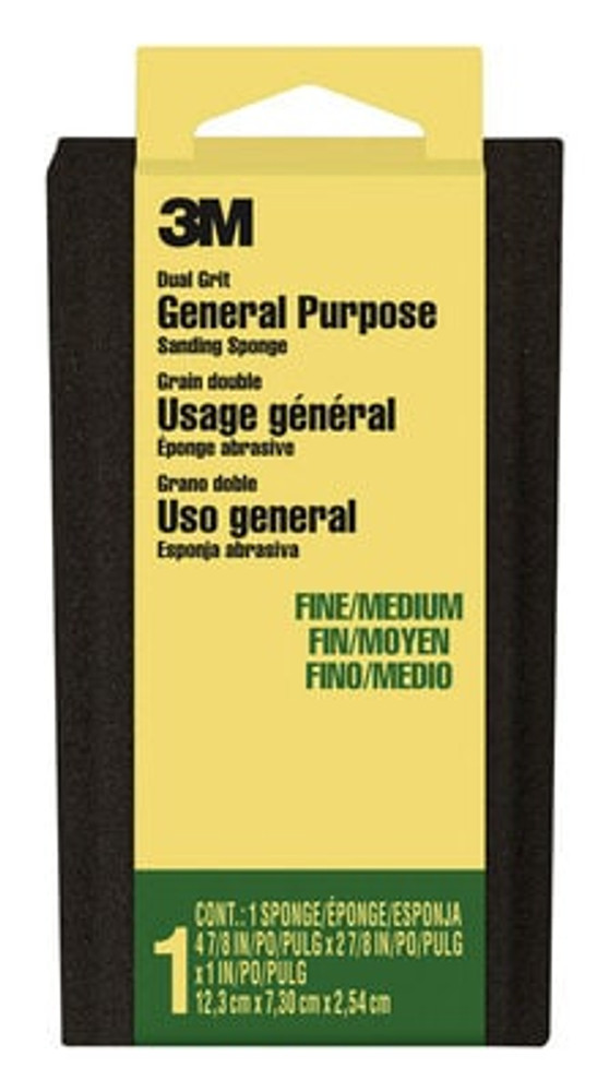 3M General Purpose Sanding Sponge DSFM-F-ESF-10, 2 7/8 in x 4 7/8 in x 1 in, Dual Grit, Fine/Medium, 1/pk, 10 pks/cs