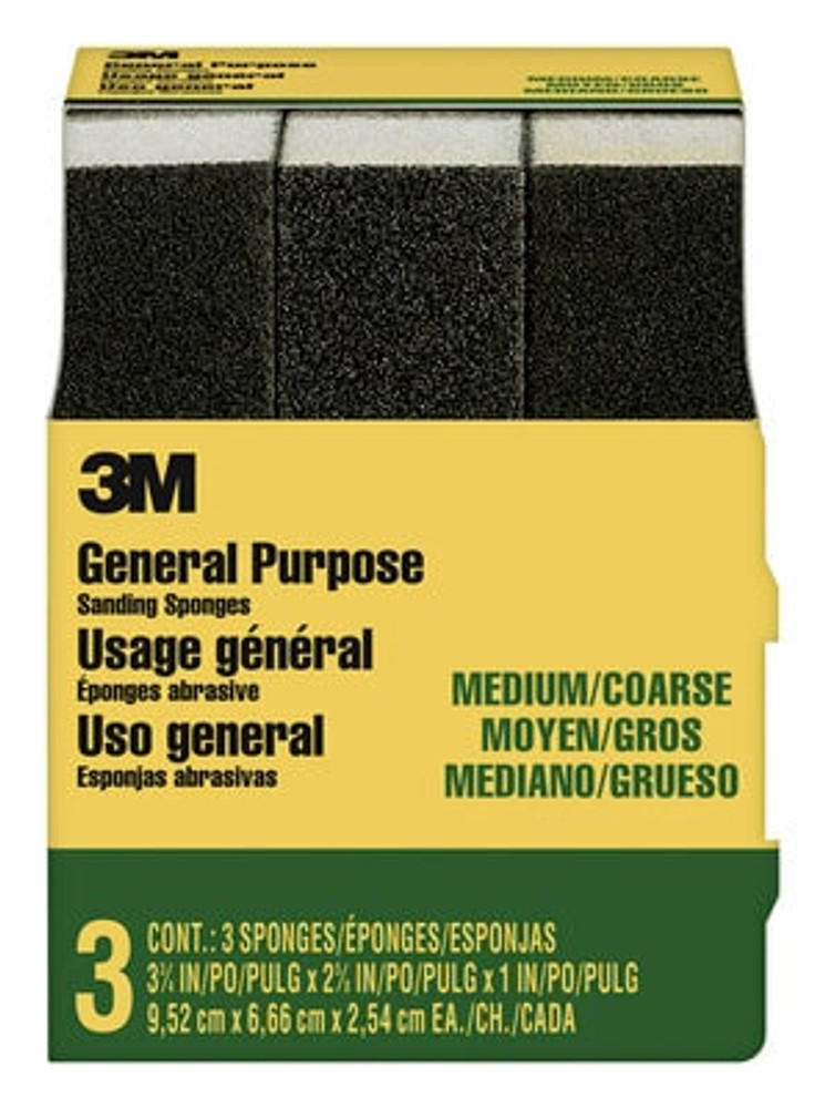 3M General Purpose Sanding Sponge 909NA-3P-CC, 3 3/4 in x 2 5/8 in x 1 in, Dual Grit, 6 pks/cs