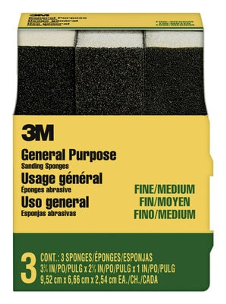 3M General Purpose Sanding Sponge 908NA-3P-CC, 3 3/4 in x 2 5/8 in x 1 in, Dual Grit, 6 pks/cs