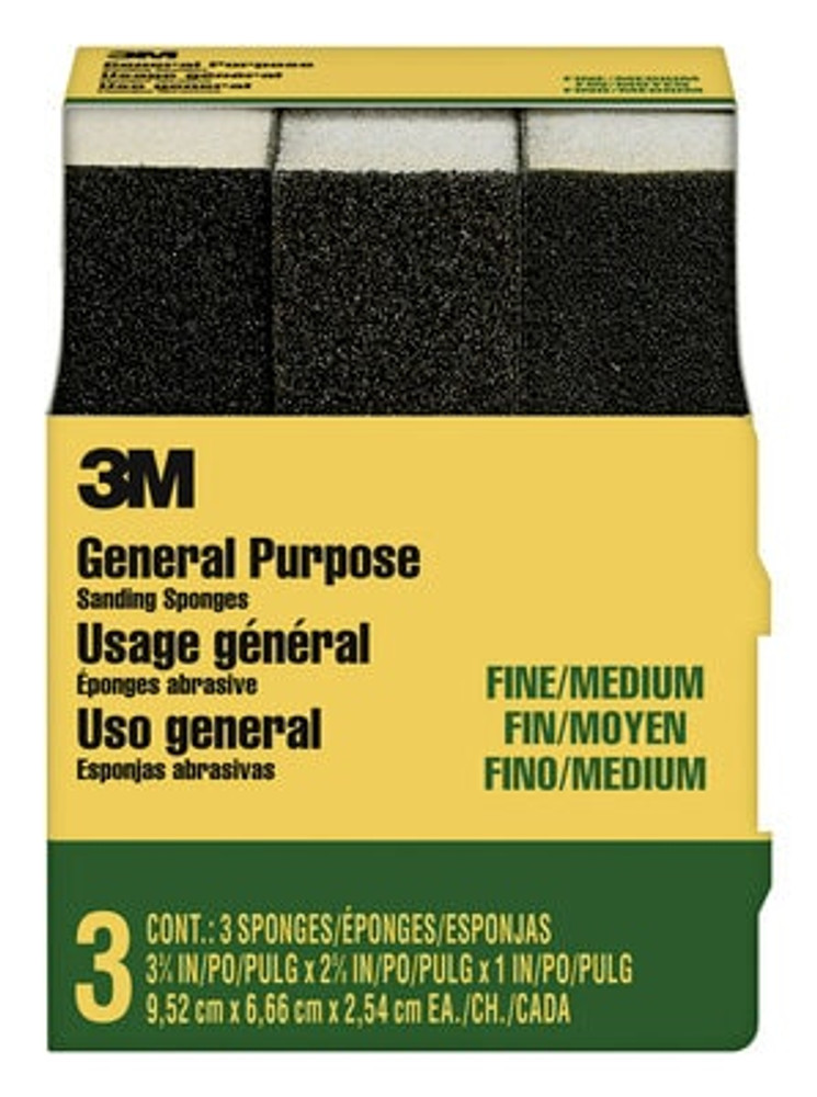 3M General Purpose Sanding Sponge 908NA-3P-CC, 3 3/4 in x 2 5/8 in x 1 in, Dual Grit, Fine/Medium, 3 sponges/pack, 6 pks/cs