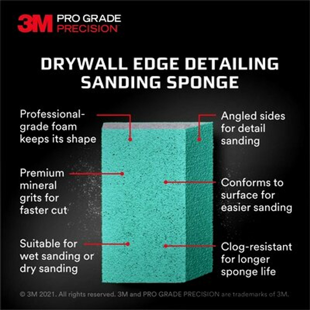 3M Pro Grade Precision Drywall Edge Detailing Angled Sanding Sponge Fine grit, 30904FPSA, 2.5 x 4.5 x 1 in, 1/each, 12/case 80670 Industrial 3M