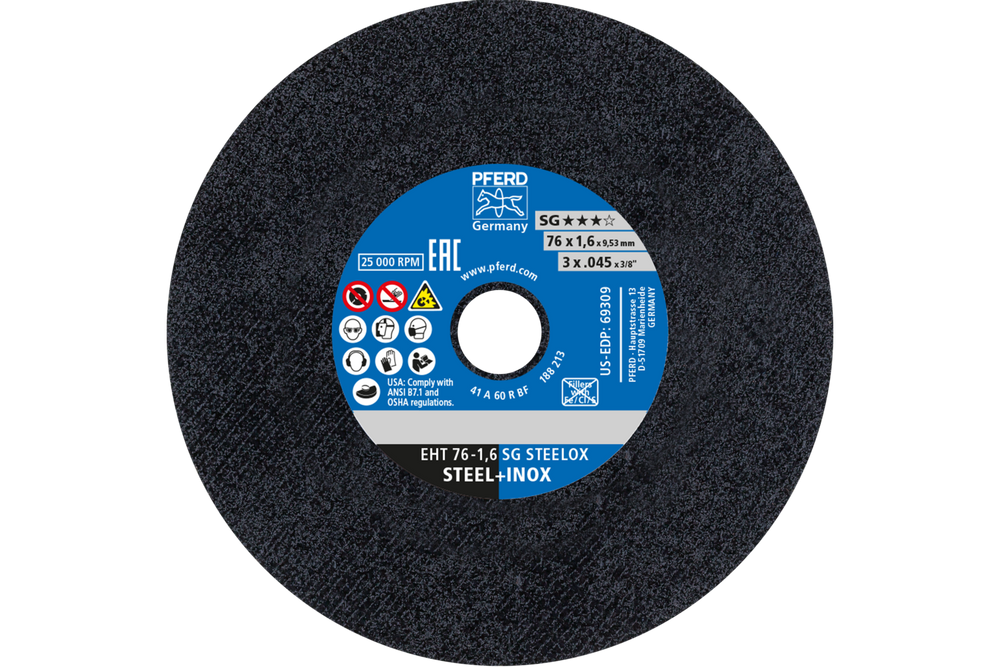 PFERD Die Grinder Cut-Off Wheel, 3" x .045 x 3/8, SG STEELOX, T1, Aluminum oxide