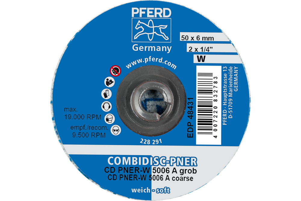 PFERD COMBIDISC® Unitized Disc, 2" Dia, Type CD, Coarse, Soft, 2AM, Aluminum oxide