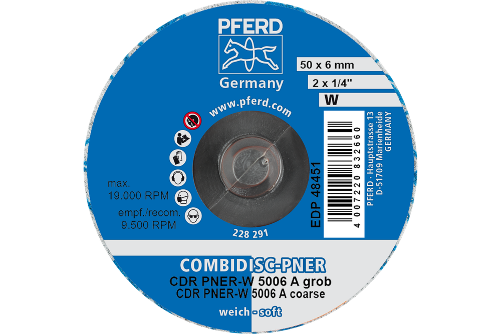 PFERD COMBIDISC® Unitized Disc, 2" Dia, Type CDR, Coarse, Soft, 2AM, Aluminum oxide