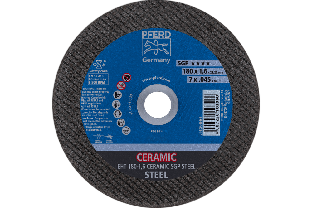 PFERD Cut-Off Wheel, 7" x .045 x 7/8, CERAMIC SGP STEEL, T1, Ceramic oxide