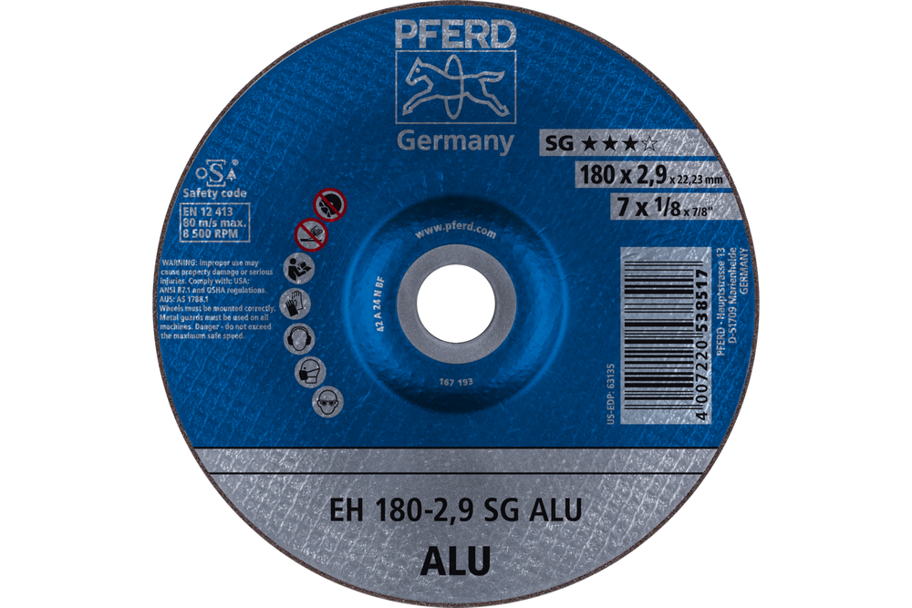 PFERD Cut-Off Wheel, 7" x 3/32 x 7/8, SG ALU, T27, Aluminum oxide