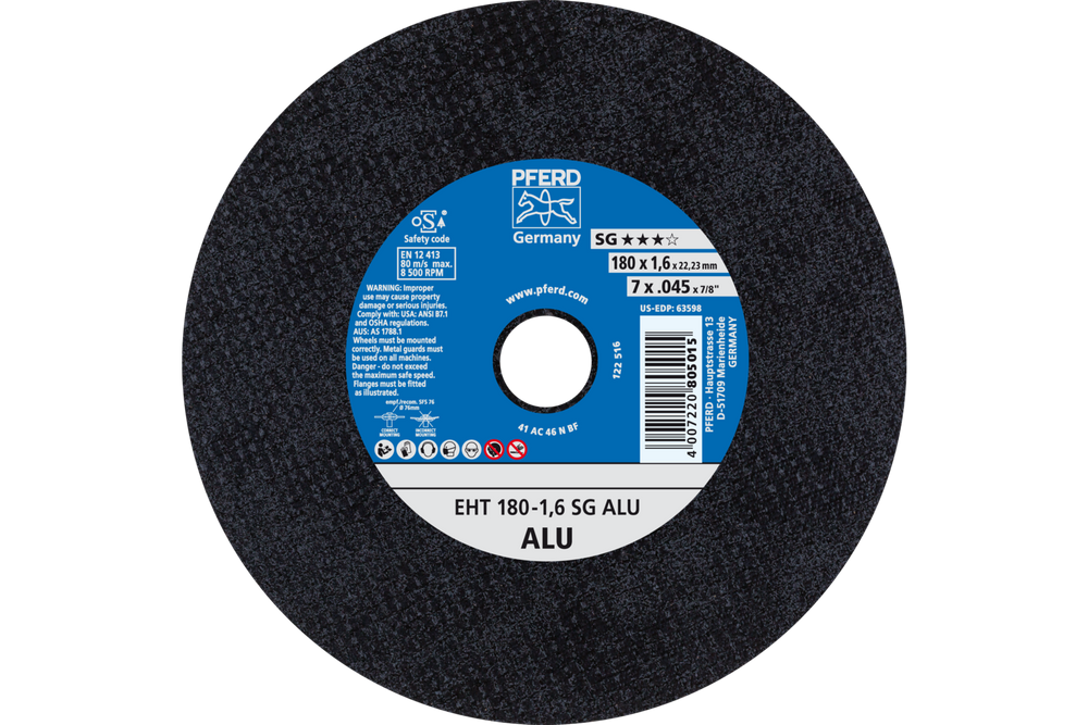 PFERD Cut-Off Wheel, 7" x .045 x 7/8, SG ALU, T1, Aluminum oxide