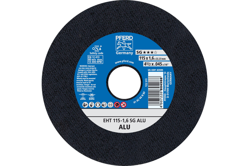 PFERD Cut-Off Wheel, 4-1/2" x .045 x 7/8, SG ALU, T1, Aluminum oxide