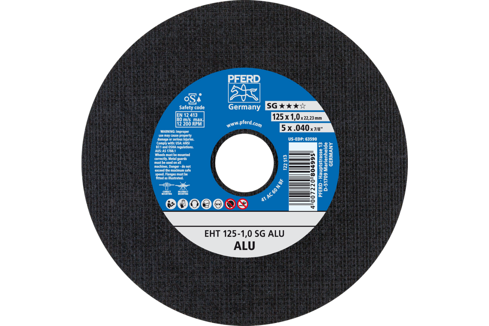 PFERD Cut-Off Wheel, 5" x .040 x 7/8, SG ALU, T1, Aluminum oxide
