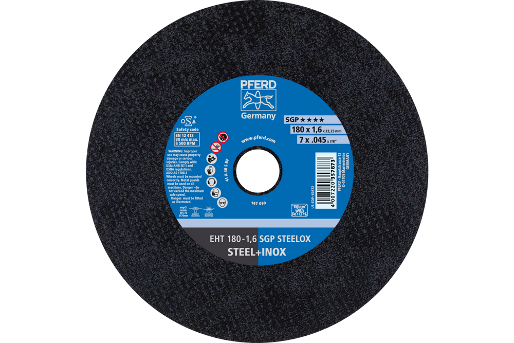 PFERD Cut-Off Wheel, 7" x .045 x 7/8, SGP STEELOX, T1, Aluminum oxide