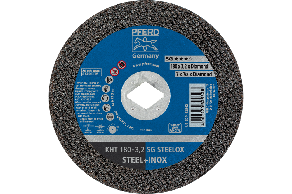 PFERD Cut-Off Wheel, 7" x 1/8, Diamond Bore 5/8"-1/2, SG STEELOX, T1, Aluminum oxide