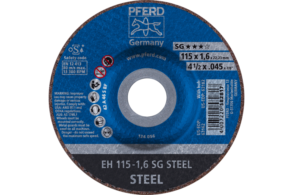 PFERD Cut-Off Wheel, 4-1/2" x .045 x 7/8, SG STEEL, T27, Aluminum oxide