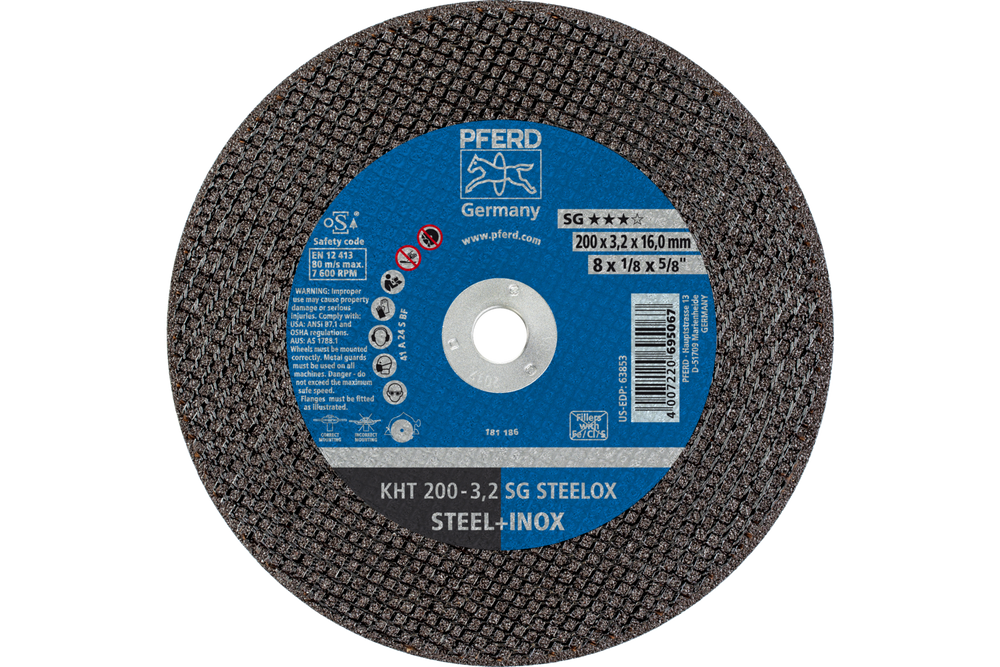 PFERD Cut-Off Wheel, 8" x 1/8 x 5/8, SG STEELOX, T1, Aluminum oxide