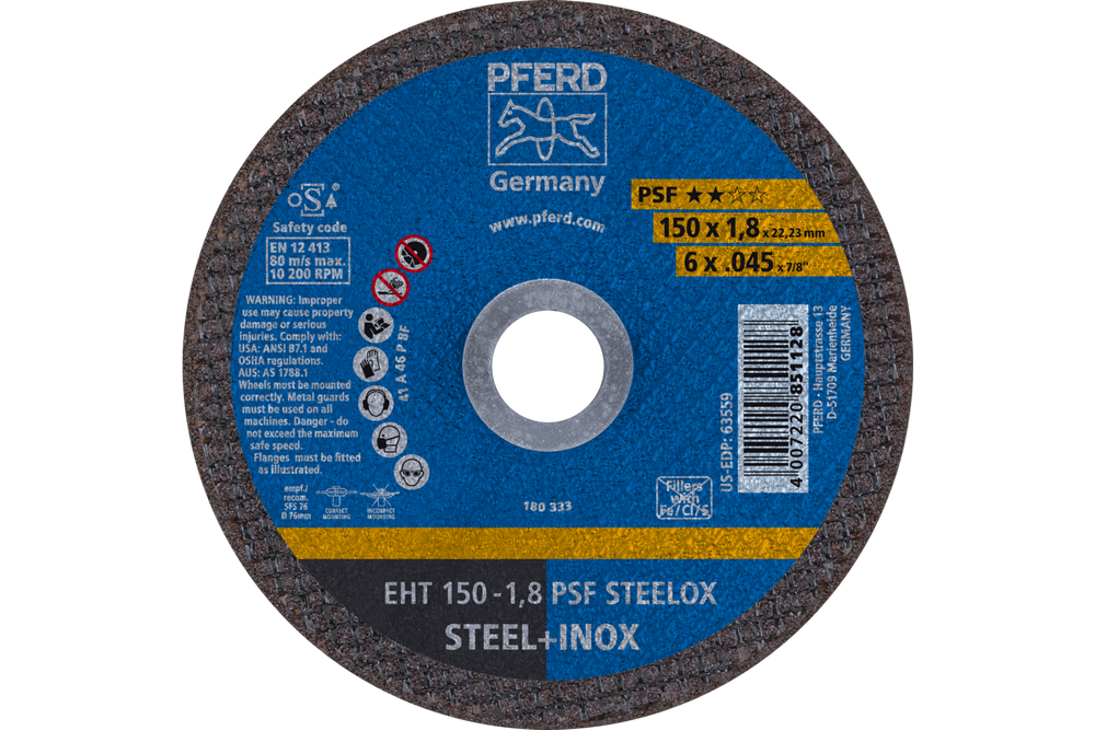PFERD Cut-Off Wheel, 6" x .045 x 7/8, PSF STEELOX, T1, Aluminum oxide