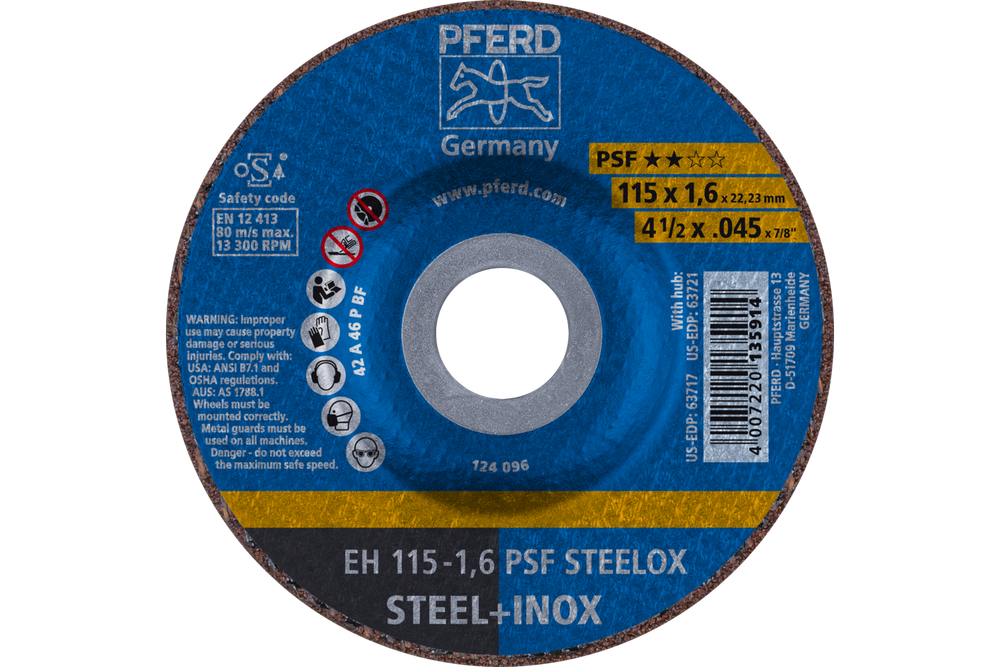 PFERD Cut-Off Wheel, 4-1/2" x .045 x 7/8, PSF STEELOX, T27, Aluminum oxide