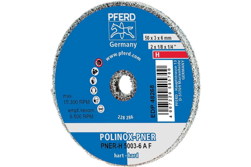 PFERD POLINOX® Unitized Wheel, 2" x 1/8 x 1/4, Fine, Hard, 8AM, Aluminum oxide