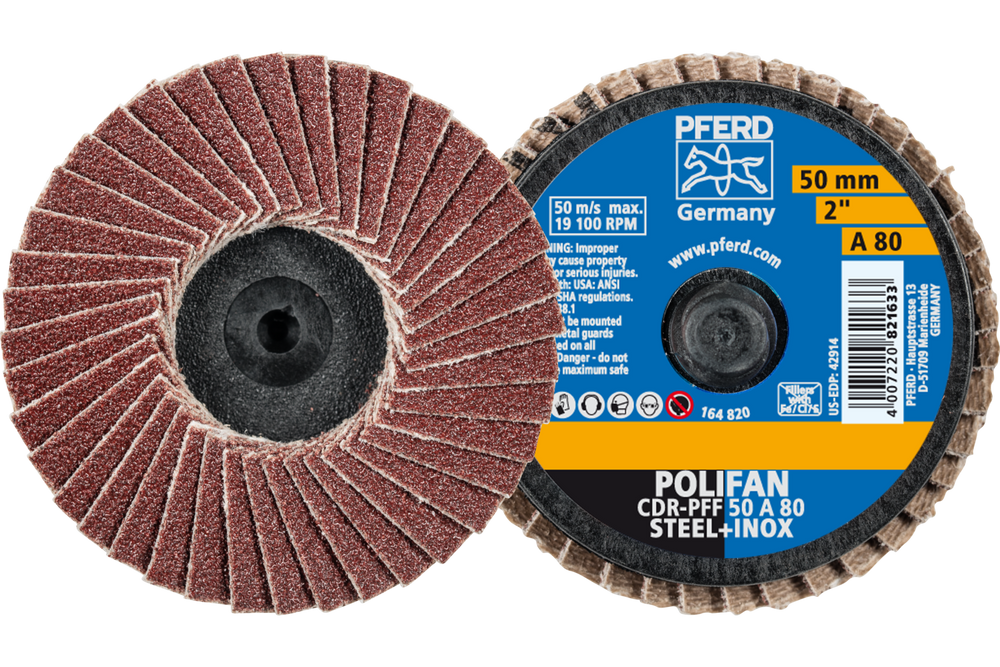 PFERD Mini Flap Disc, 2" Dia, Type CDR, 80 Grit, Flat, Aluminum oxide