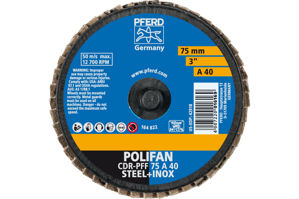 PFERD Mini Flap Disc, 3" Dia, Type CDR, 40 Grit, Flat, Aluminum oxide