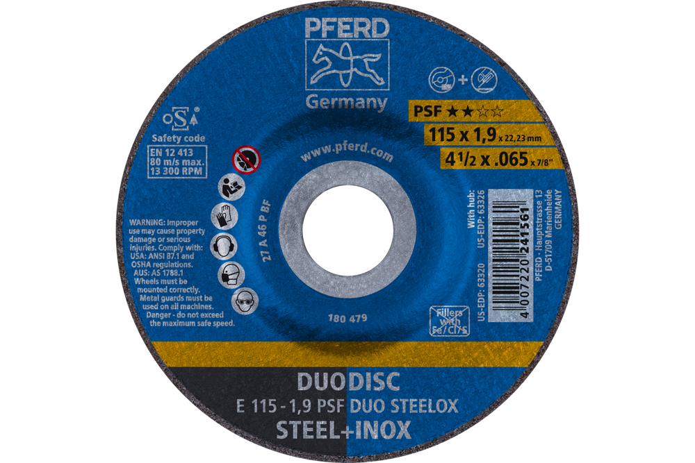 PFERD Combination Wheel, 4-1/2" x .065 x 7/8, PSF DUODISC STEELOX, T27, Aluminum oxide