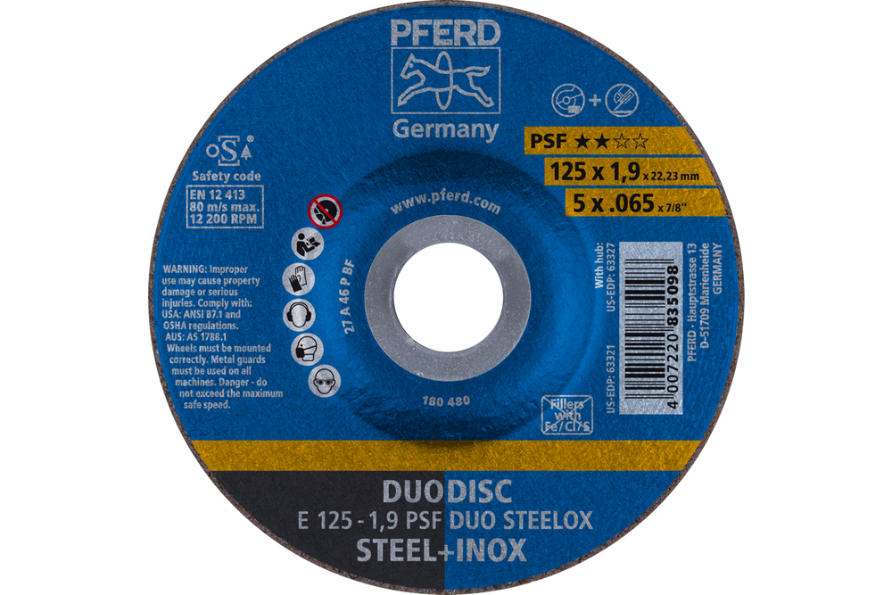 PFERD Combination Wheel, 5" x .065 x 7/8, PSF DUODISC STEELOX, T27, Aluminum oxide