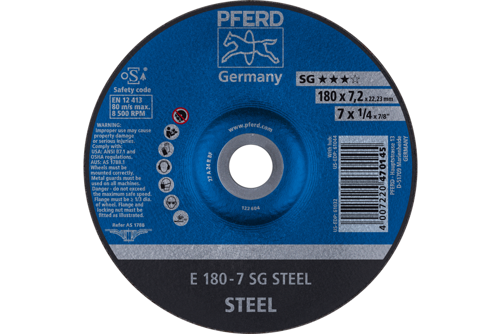 PFERD Grinding Wheel, 7" x 1/4 x 7/8, SG STEEL, T27, Aluminum oxide