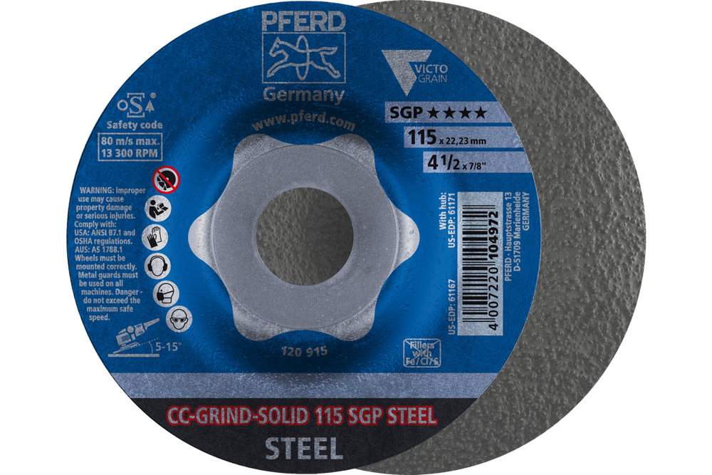 PFERD Grinding disc, CC-GRIND®-SOLID, 4-1/2" x 7/8, SGP STEEL VICTOGRAIN®, Ceramic