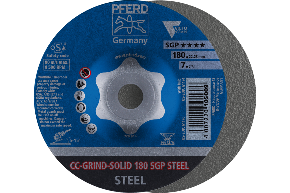 PFERD Grinding disc, CC-GRIND®-SOLID, 7" x 7/8, SGP STEEL VICTOGRAIN®, Ceramic