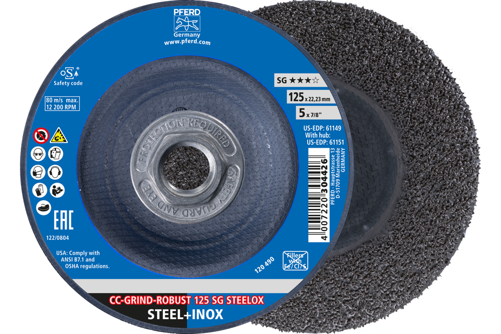 PFERD Grinding disc, CC-GRIND®-ROBUST, 5" x 5/8-11, SG STEELOX, Ceramic