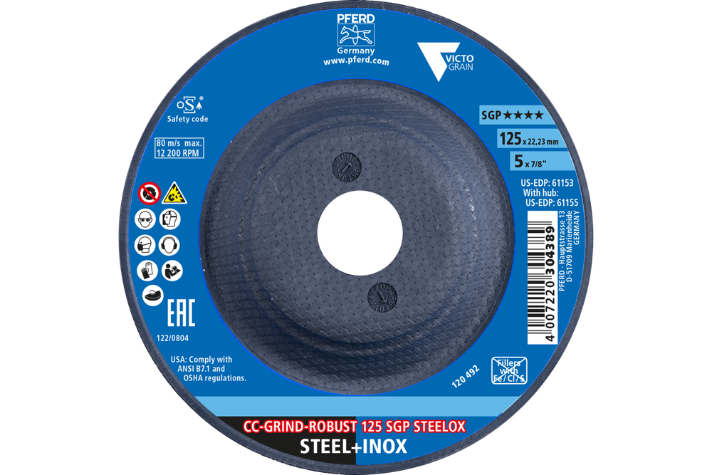 PFERD Grinding disc, CC-GRIND®-ROBUST, 5" x 7/8, SGP STEELOX VICTOGRAIN®, Ceramic