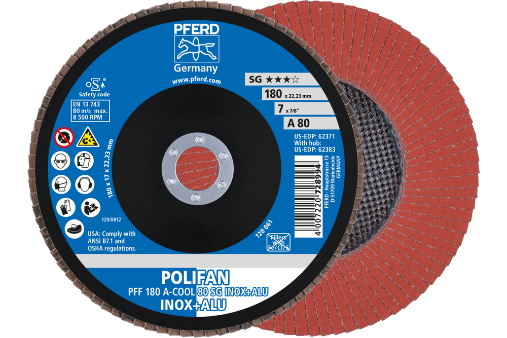 PFERD Flap Disc, 7" x 7/8, A-COOL SG INOX+ALU, 80 Grit, T27, Flat, Aluminum oxide