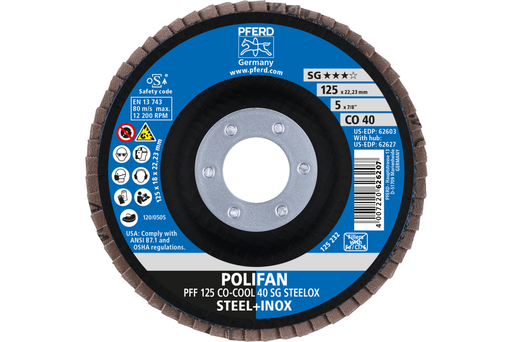 PFERD Flap Disc, 5" x 7/8, CO-COOL SG STEELOX, 40 Grit, T27, Flat, Ceramic oxide