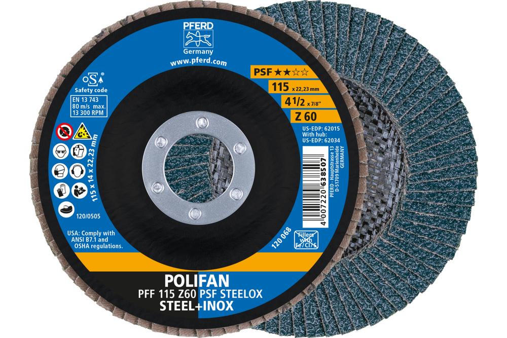 PFERD Flap Disc, 4-1/2" x 7/8, Z PSF STEELOX, 60 Grit, T27, Flat, Zirconia