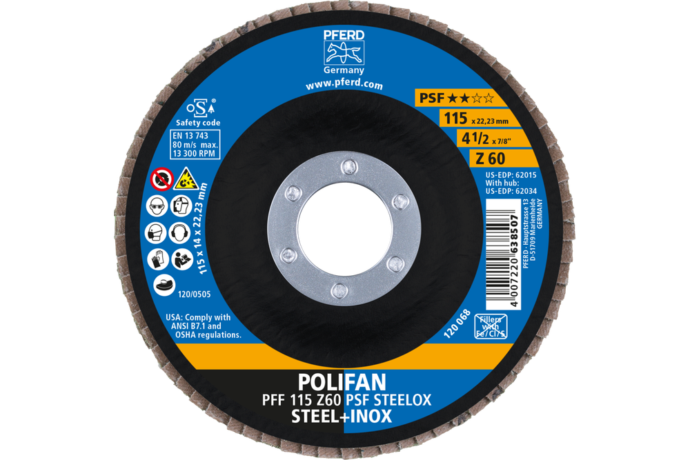 PFERD Flap Disc, 4-1/2" x 7/8, Z PSF STEELOX, 60 Grit, T27, Flat, Zirconia