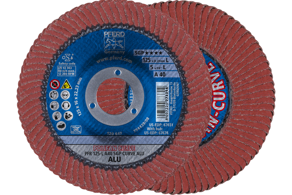 PFERD Flap Disc, 5" x 7/8, CO SGP CURVE STEELOX, 60 Grit, Large Radius, Ceramic oxide
