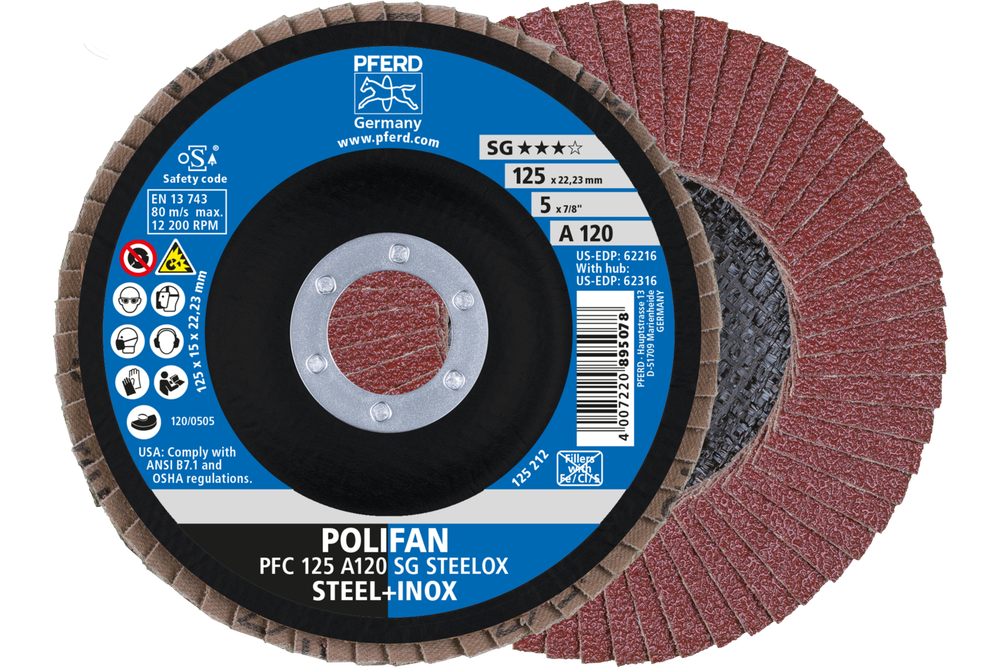 PFERD Flap Disc, 5" x 7/8, A SG STEELOX, 120 Grit, T29, Conical, Aluminum oxide