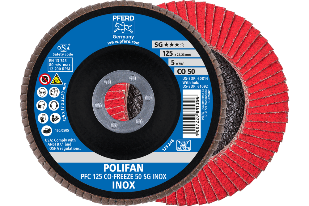 PFERD Flap Disc, 5" x 7/8, CO-FREEZE SG INOX, 50 Grit, T29, Conical, Ceramic