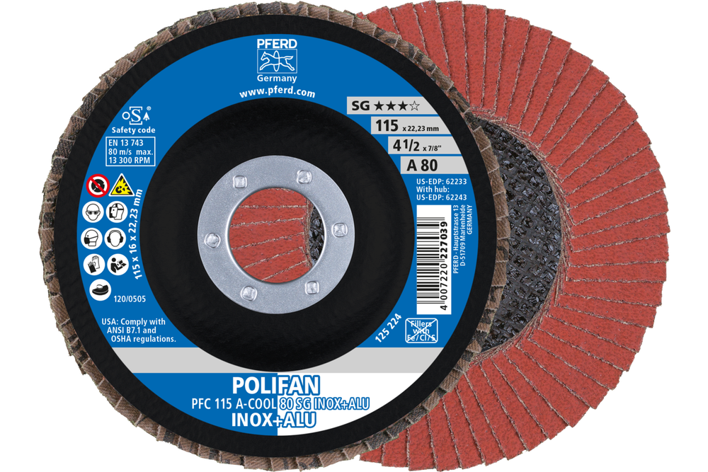 PFERD Flap Disc, 4-1/2" x 7/8, A-COOL SG INOX+ALU, 80 Grit, T29,Conical,Aluminum oxide