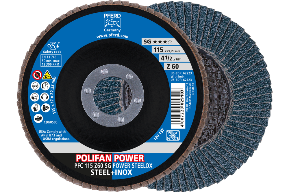 PFERD Flap Disc, 4-1/2" x 7/8, Z SG POWER STEELOX, 60 Grit, T29, Conical, Zirconia