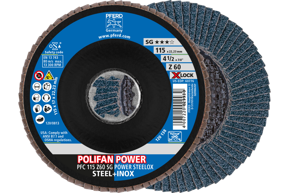 PFERD Flap Disc, 4-1/2", X-LOCK, Z SG POWER STEELOX, 60 Grit, T29, Conical, Zirconia