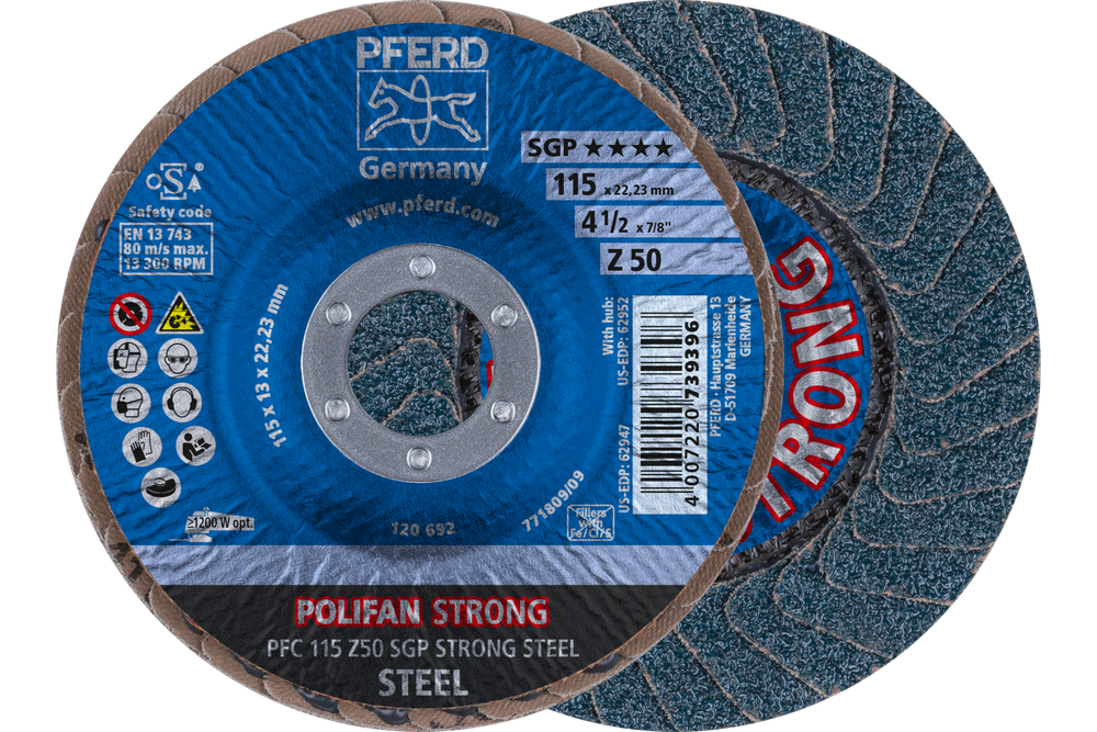 PFERD Flap Disc, 4-1/2" x 7/8, Z SGP STRONG STEEL, 50 Grit, T29, Conical, Zirconia
