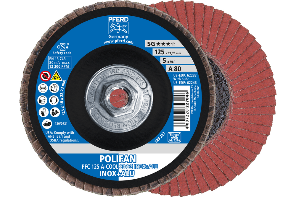 PFERD Flap Disc, 5" x 5/8-11, A-COOL SG INOX+ALU, 80 Grit, T29, Conical, Aluminum oxide
