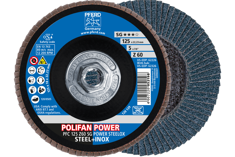 PFERD Flap Disc, 5" x 5/8-11, Z SG POWER STEELOX, 60 Grit, T29, Conical, Zirconia