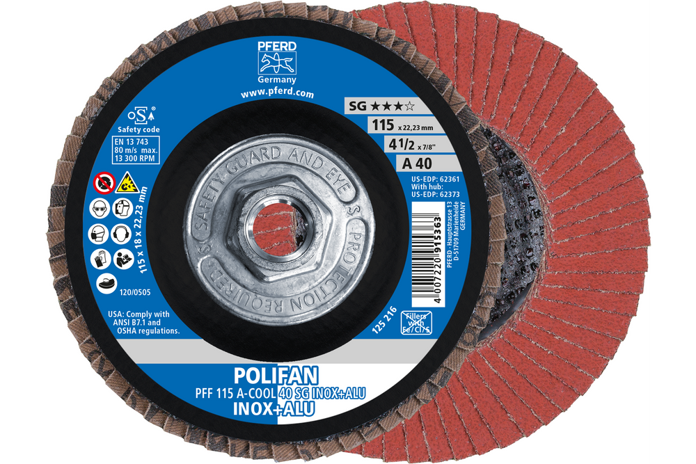 PFERD Flap Disc, 4-1/2" x 5/8-11, A-COOL SG INOX+ALU, 40 Grit,T27, Flat, Aluminum oxide
