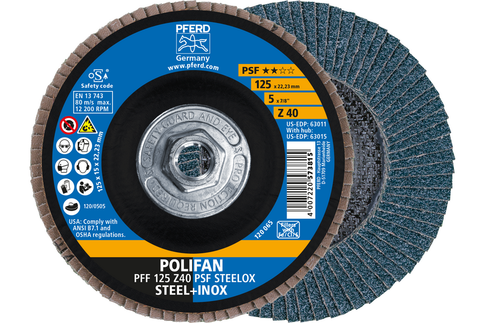 PFERD Flap Disc, 5" x 5/8-11, Z PSF STEELOX, 40 Grit, T27, Flat, Zirconia