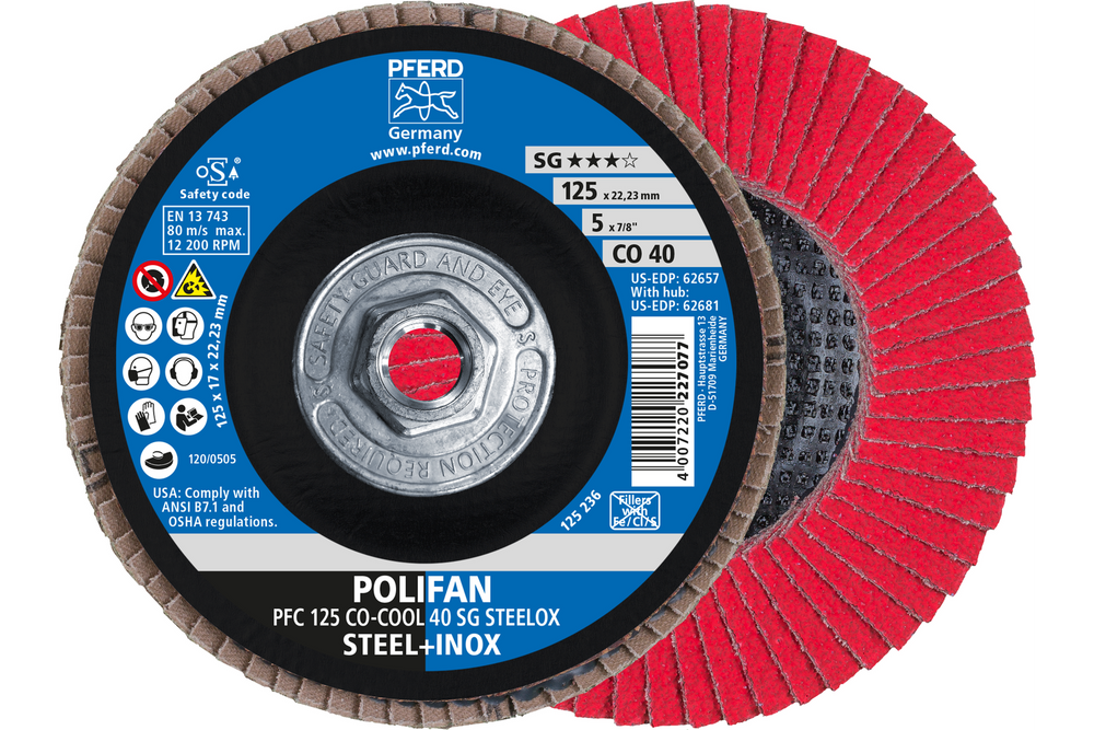 PFERD Flap Disc, 5" x 5/8-11, CO-COOL SG STEELOX, 40 Grit, T29, Conical, Ceramic oxide